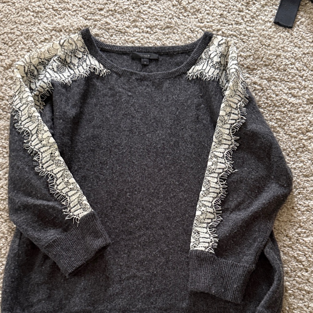 J. Crew Dark Gray Sweater with Cream Lace Details